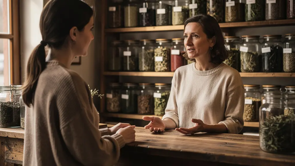 Échange entre conseillère et cliente dans une herboristerie traditionnelle