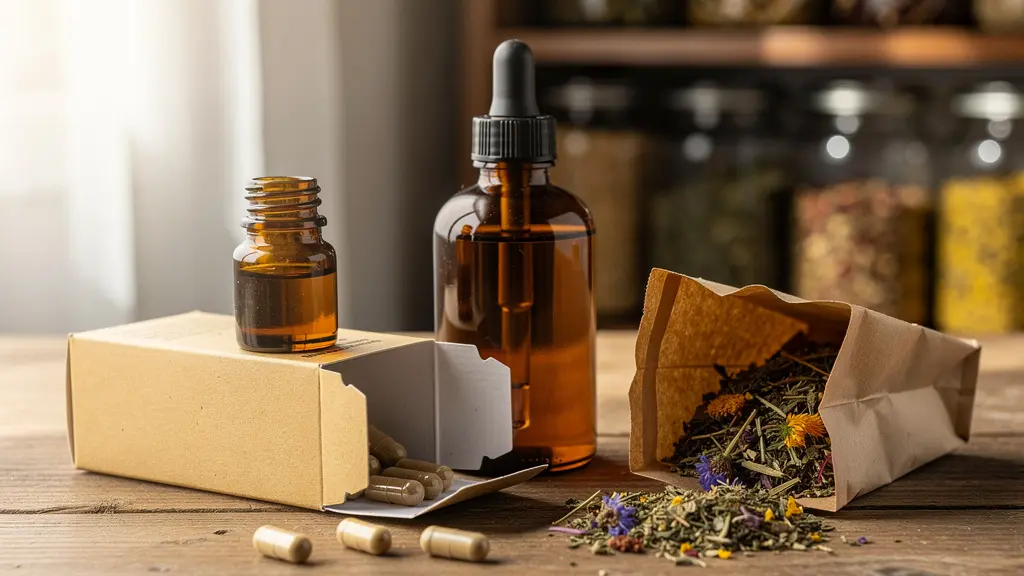 Différentes formes galéniques de phytothérapie sur comptoir d'herboristerie